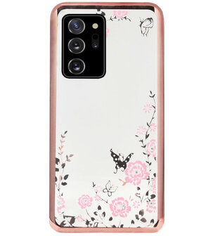 ADEL Siliconen Back Cover Softcase Hoesje voor Samsung Galaxy Note 20 - Glimmend Glitter Vlinder Bloemen Roze