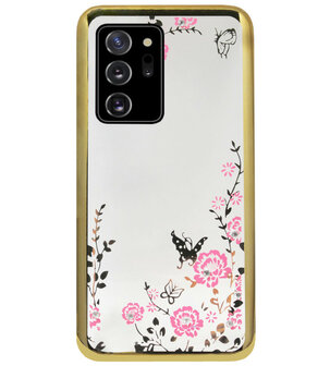 ADEL Siliconen Back Cover Softcase Hoesje voor Samsung Galaxy Note 20 - Glimmend Glitter Vlinder Bloemen Goud