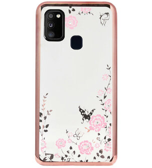 ADEL Siliconen Back Cover Softcase Hoesje voor Samsung Galaxy M30s/ M21 - Glimmend Glitter Vlinder Bloemen Roze