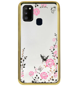 ADEL Siliconen Back Cover Softcase Hoesje voor Samsung Galaxy M30s/ M21 - Glimmend Glitter Vlinder Bloemen Goud