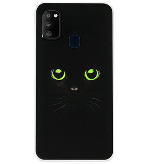 ADEL Siliconen Back Cover Softcase Hoesje voor Samsung Galaxy M30s/ M21 - Katten Zwart Groene Ogen