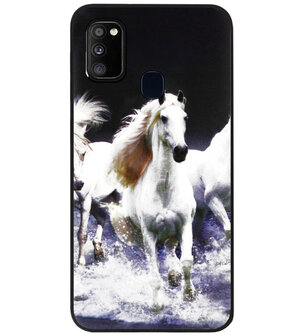 ADEL Siliconen Back Cover Softcase Hoesje voor Samsung Galaxy M30s/ M21 - Paarden Wit