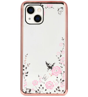 ADEL Siliconen Back Cover Softcase Hoesje voor iPhone 13 - Glimmend Glitter Vlinder Bloemen Roze