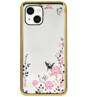 ADEL Siliconen Back Cover Softcase Hoesje voor iPhone 13 - Glimmend Glitter Vlinder Bloemen Goud