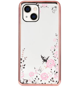 ADEL Siliconen Back Cover Softcase Hoesje voor iPhone 13 Mini - Glimmend Glitter Vlinder Bloemen Roze
