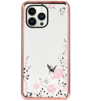 ADEL Siliconen Back Cover Softcase Hoesje voor iPhone 13 Pro - Glimmend Glitter Vlinder Bloemen Roze