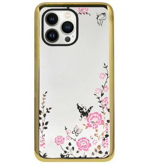 ADEL Siliconen Back Cover Softcase Hoesje voor iPhone 13 Pro - Glimmend Glitter Vlinder Bloemen Goud