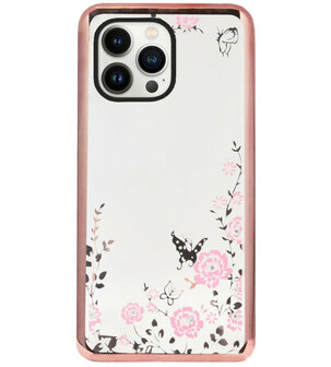 ADEL Siliconen Back Cover Softcase Hoesje voor iPhone 13 Pro Max - Glimmend Glitter Vlinder Bloemen Roze