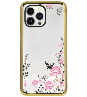 ADEL Siliconen Back Cover Softcase Hoesje voor iPhone 13 Pro Max - Glimmend Glitter Vlinder Bloemen Goud