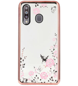 ADEL Siliconen Back Cover Softcase Hoesje voor Samsung Galaxy M30 - Glimmend Glitter Vlinder Bloemen Roze