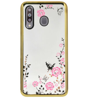 ADEL Siliconen Back Cover Softcase Hoesje voor Samsung Galaxy M30 - Glimmend Glitter Vlinder Bloemen Goud