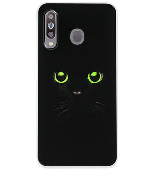 ADEL Siliconen Back Cover Softcase Hoesje voor Samsung Galaxy M30 - Katten Zwart Groene Ogen