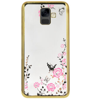 ADEL Siliconen Back Cover Softcase Hoesje voor Samsung Galaxy A6 Plus (2018) - Bling Glimmend Vlinder Bloemen Goud