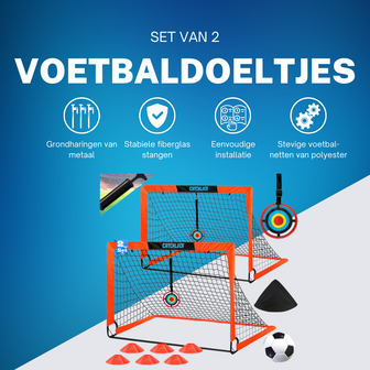 Set van 2 Voetbaldoeltjes 120 x 90 cm incl. trainingsmateriaal - Voetbaldoel Groot met Spullen en Pionnen - Scoor met deze Complete Voetbal Set