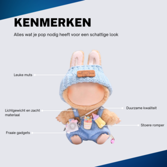 ADEL Kleding Geschikt voor Labubu Pop 17 cm &ndash; Inclusief Hoed, Romper, Camera en Schoenen &ndash; Schattige Poppenkleertjes &ndash; Complete Outfit met Accessoires Blauw
