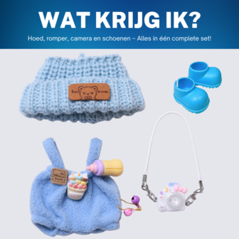 ADEL Kleding Geschikt voor Labubu Pop 17 cm &ndash; Inclusief Hoed, Romper, Camera en Schoenen &ndash; Schattige Poppenkleertjes &ndash; Complete Outfit met Accessoires Blauw
