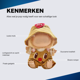 ADEL Kleding Geschikt voor Labubu Pop 17 cm &ndash; Inclusief Hoed, Romper, Camera en Schoenen &ndash; Schattige Poppenkleertjes &ndash; Complete Outfit met Accessoires Geel