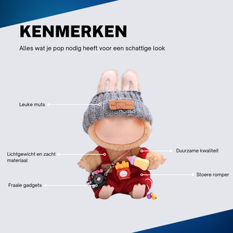 ADEL Kleding Geschikt voor Labubu Pop 17 cm &ndash; Inclusief Hoed, Romper, Camera en Schoenen &ndash; Schattige Poppenkleertjes &ndash; Complete Outfit met Accessoires Rood