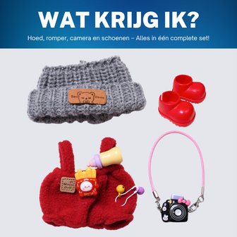 ADEL Kleding Geschikt voor Labubu Pop 17 cm &ndash; Inclusief Hoed, Romper, Camera en Schoenen &ndash; Schattige Poppenkleertjes &ndash; Complete Outfit met Accessoires Rood
