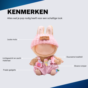 ADEL Kleding Geschikt voor Labubu Pop 17 cm &ndash; Inclusief Hoed, Romper, Camera en Schoenen &ndash; Schattige Poppenkleertjes &ndash; Complete Outfit met Accessoires Roze