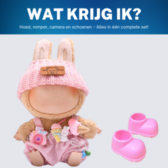 ADEL Kleding Geschikt voor Labubu Pop 17 cm &ndash; Inclusief Hoed, Romper, Camera en Schoenen &ndash; Schattige Poppenkleertjes &ndash; Complete Outfit met Accessoires Roze
