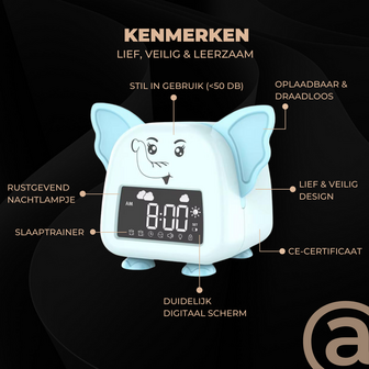 ADEL Slaapwekker &amp; Slaaptrainer voor Kinderen &ndash; Kinderwekker voor de Slaapkamer &ndash; Vrolijke Kinderklok Inclusief Beloningskaart &ndash; Lieve Olifant