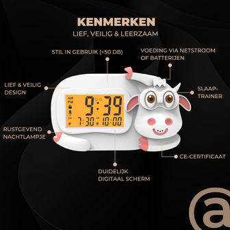 ADEL Slaapwekker &amp; Slaaptrainer voor Kinderen &ndash; Kinderwekker voor de Slaapkamer &ndash; Vrolijke Kinderklok Inclusief Beloningskaart &ndash; Lieve Koe