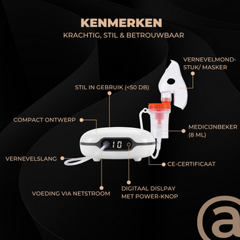 ADEL Aerosoltoestel met Digitaal Display &ndash; Veilige &amp; Stille Nebulizer/Vernevelaar &ndash; Inhalator voor Gezonde Ademhaling bij Kinderen &amp; Volwassenen