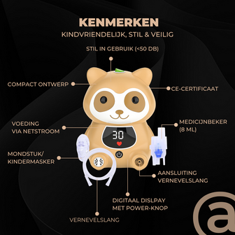 ADEL Aerosoltoestel met Digitaal Display &ndash; Veilige &amp; Stille Nebulizer/Vernevelaar &ndash; Inhalator in Vrolijk Beer Design voor Gezonde Ademhaling bij Kinderen