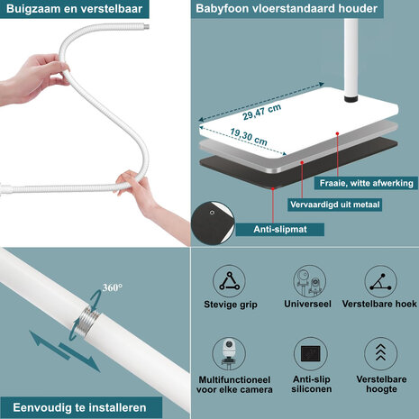Babyfoon houder Universeel met Voetstandaard voor Zorgeloos Gevoel - Babyfoonhouder Camera - Babyfoon Statief Standaard - Wit
