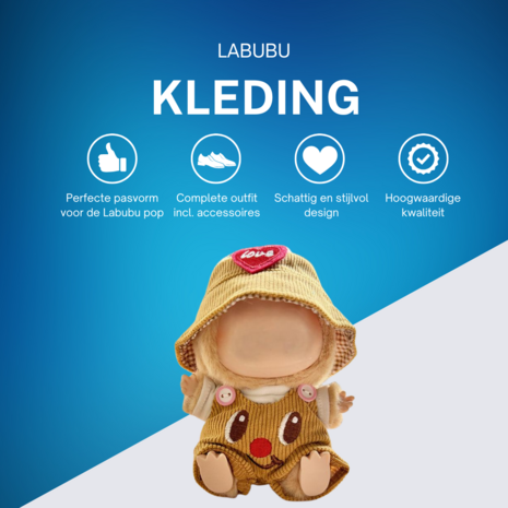 ADEL Kleding Geschikt voor Labubu Pop 17 cm – Inclusief Hoed, Romper, Camera en Schoenen – Schattige Poppenkleertjes – Complete Outfit met Accessoires Geel