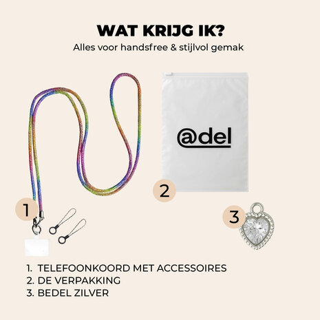 ADEL Universeel Telefoonkoord met Perfecte Lengte voor Crossbody - Telefoonketting 140 cm - Stevig Koord Telefoon en Smartphone - Geschikt voor o.a. iPhone, Google Pixel, Samsung, Lenovo en Xiaomi - Bling Glitter Regenboog