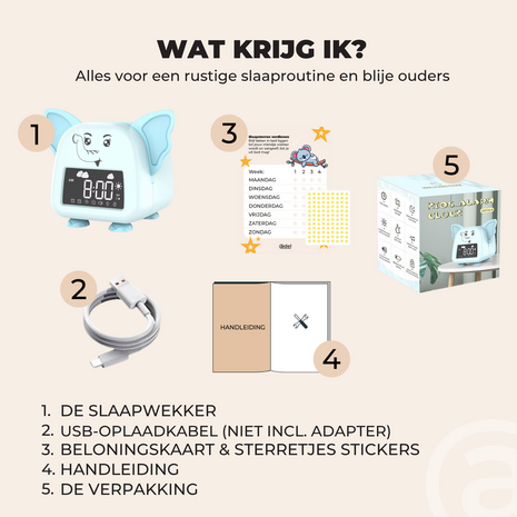 ADEL Slaapwekker & Slaaptrainer voor Kinderen – Kinderwekker voor de Slaapkamer – Vrolijke Kinderklok Inclusief Beloningskaart – Lieve Olifant