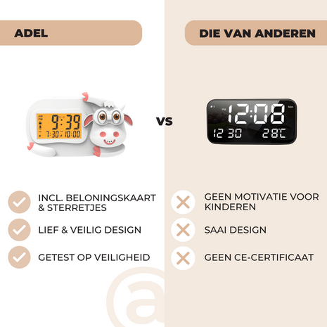 ADEL Slaapwekker & Slaaptrainer voor Kinderen – Kinderwekker voor de Slaapkamer – Vrolijke Kinderklok Inclusief Beloningskaart – Lieve Koe