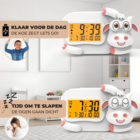 ADEL Slaapwekker & Slaaptrainer voor Kinderen – Kinderwekker voor de Slaapkamer – Vrolijke Kinderklok Inclusief Beloningskaart – Lieve Koe