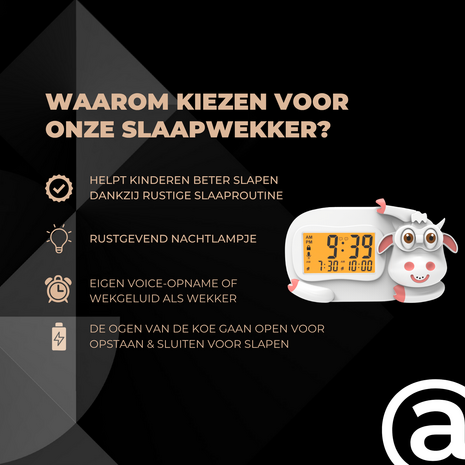 ADEL Slaapwekker & Slaaptrainer voor Kinderen – Kinderwekker voor de Slaapkamer – Vrolijke Kinderklok Inclusief Beloningskaart – Lieve Koe