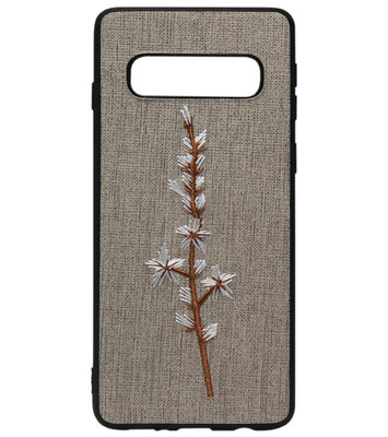 ADEL Siliconen Back Cover Softcase Hoesje voor Samsung Galaxy S10 Plus - Geborduurde Bloem Grijs