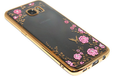 Glimmend bloemen hoesje goud Samsung Galaxy S7 Edge