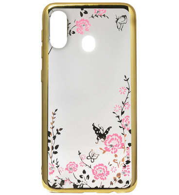 ADEL Siliconen Back Cover Softcase Hoesje voor Samsung Galaxy A40 - Bling Bling Goud Vlinders en Bloemen