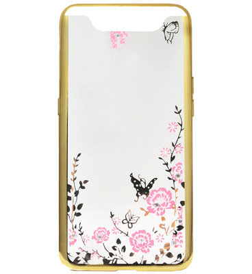 ADEL Siliconen Back Cover Softcase Hoesje voor Samsung Galaxy A80/ A90 - Bling Bling Goud Vlinders en Bloemen