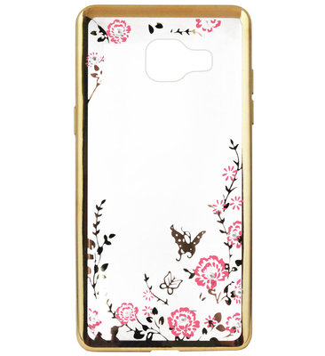 ADEL Siliconen Back Cover Softcase Hoesje voor Samsung Galaxy A3 (2016) - Bling Bling Vlinders en Bloemen Goud