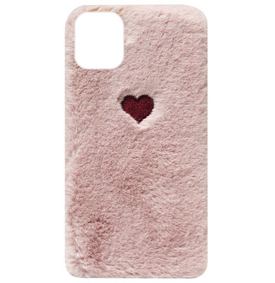 ADEL Siliconen Back Cover Softcase Hoesje voor iPhone 11 - Hartjes Fluffy Pluche Zachte Stof