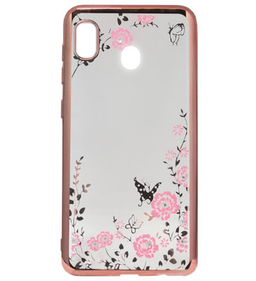 ADEL Siliconen Back Cover Softcase Hoesje voor Samsung Galaxy A20e - Bling Bling Roze Vlinders en Bloemen