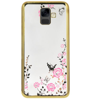 ADEL Siliconen Back Cover Softcase Hoesje voor Samsung Galaxy A6 (2018) - Bling Glimmend Vlinder Bloemen Goud