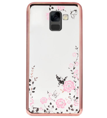ADEL Siliconen Back Cover Softcase Hoesje voor Samsung Galaxy A8 Plus (2018) - Bling Glimmend Vlinder Bloemen Roze