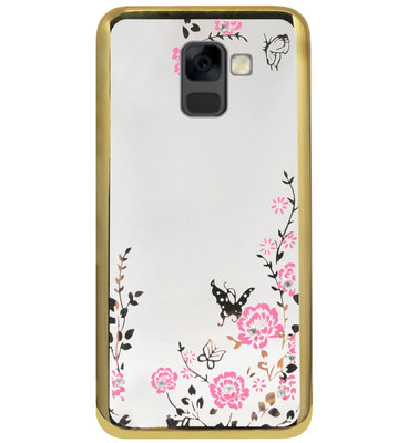 ADEL Siliconen Back Cover Softcase Hoesje voor Samsung Galaxy A8 Plus (2018) - Bling Glimmend Vlinder Bloemen Goud