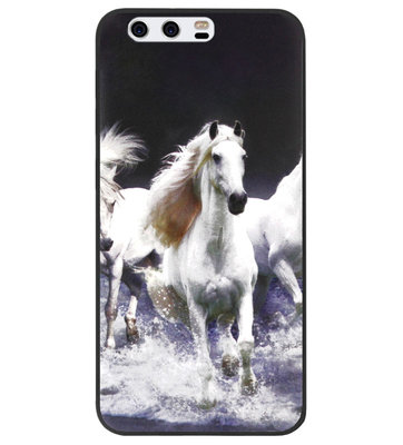 ADEL Siliconen Back Cover Softcase Hoesje voor Huawei P10 - Paarden Wit