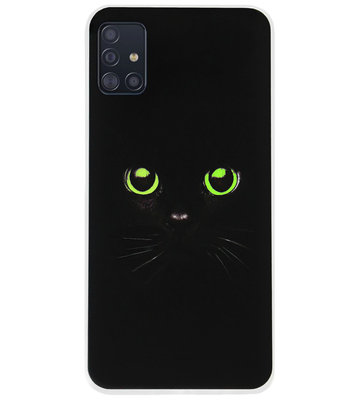ADEL Siliconen Back Cover Softcase Hoesje voor Samsung Galaxy A51 - Katten Zwart Groene Ogen