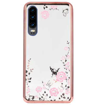 ADEL Siliconen Back Cover Softcase Hoesje voor Huawei P30 - Bling Glimmend Vlinder Bloemen Roze