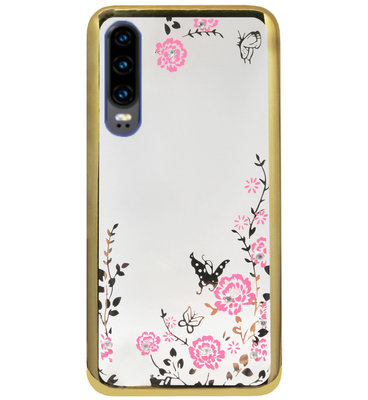 ADEL Siliconen Back Cover Softcase Hoesje voor Huawei P30 - Bling Glimmend Vlinder Bloemen Goud